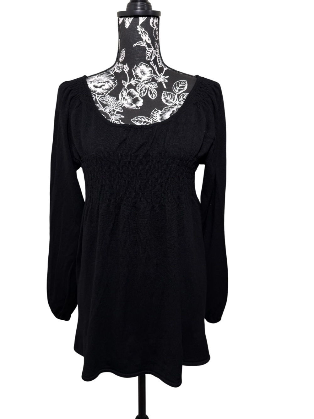 AB Studio Black Smocked Empire Waist Long-Sleeve Tunic